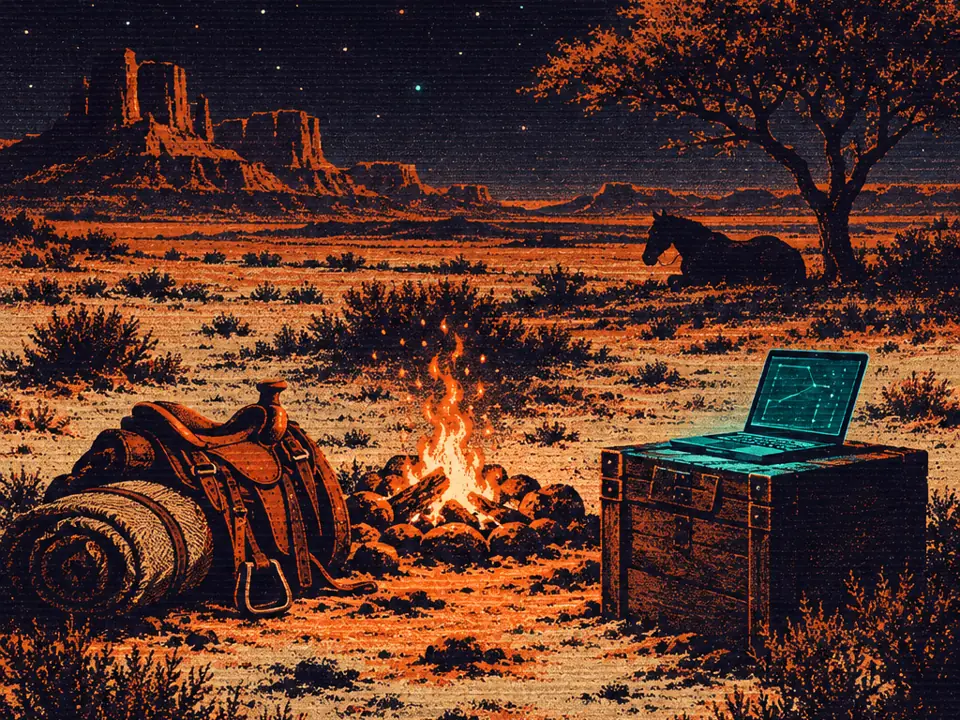 A nomad's desert camp at night: campfire, saddle and a glowing laptop under circuit-like constellations