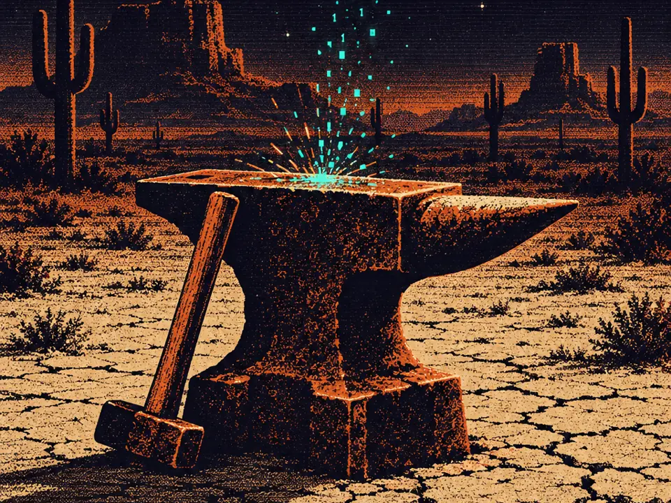 An anvil in the desert at night throwing off glowing digital sparks